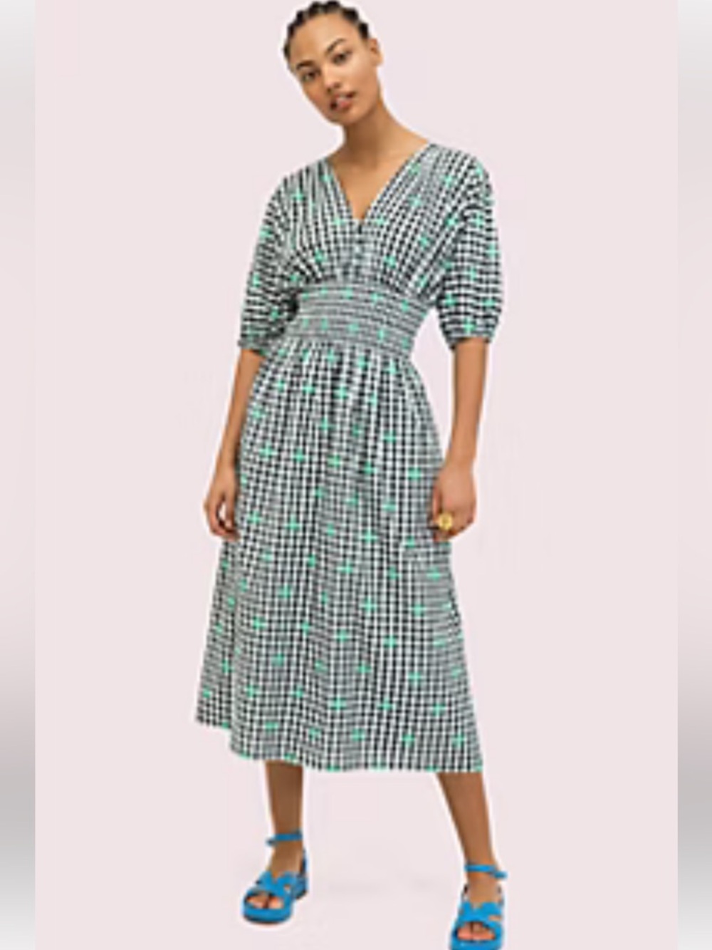 kate spade Green Gingham V‑Neck Midi Dress Voile NWOT Medium M
